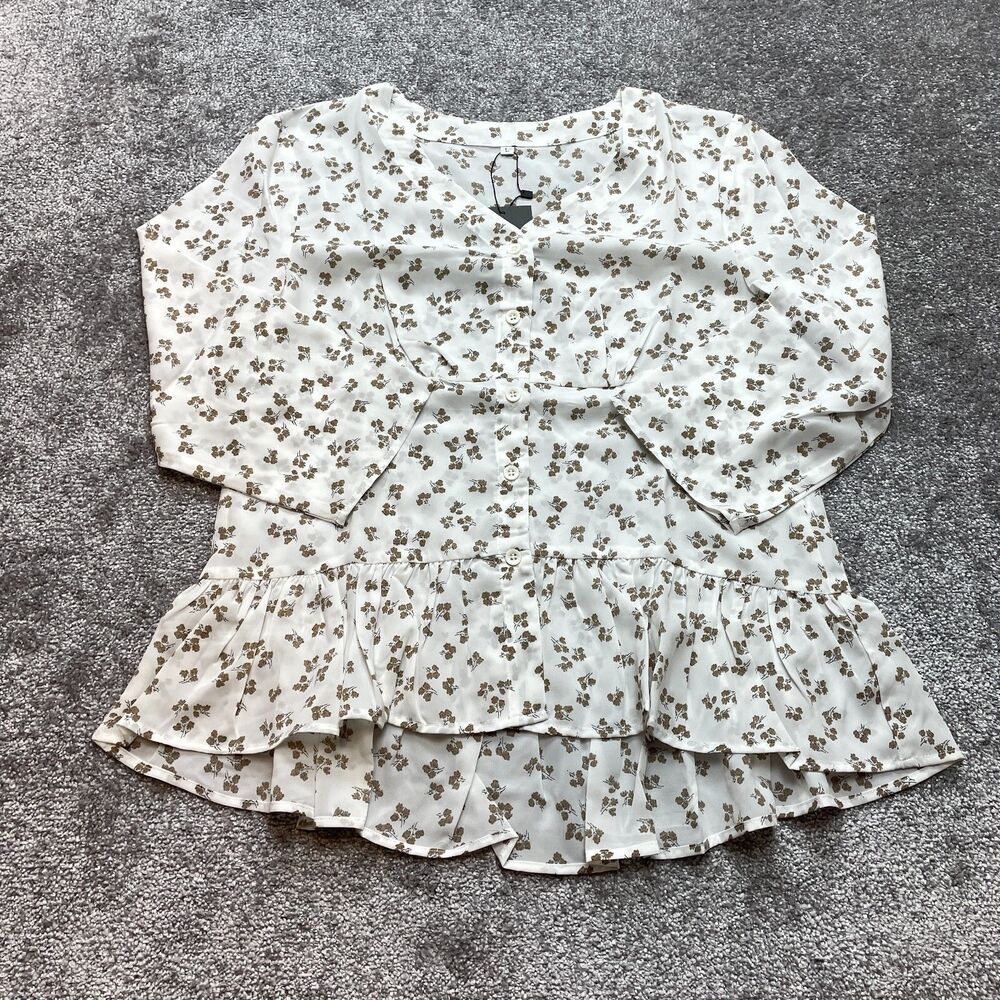 Tasamo Blouse Top Womens Large White Floral Button Up Long Sleeve Shirt New NWT